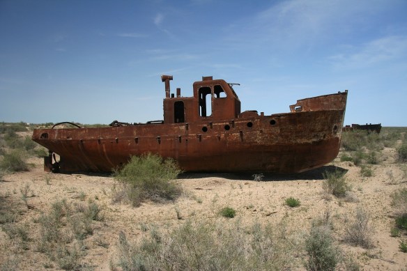 Abandoned ship in Karakalpakstan, Uzbekistan. The seaport town of Muynak is now 93 miles from water. Photo courtesy: Fotopedia